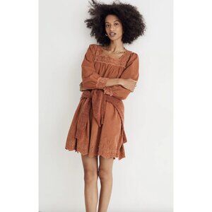 MADEWELL Petite Embroidered Corduroy Square-Neck Mini Dress Warm Umber Twee